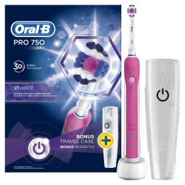 Oral-B Pro 750 3D White, Ηλεκτρική Οδοντόβουρτσα & Δώρο Θήκη Ταξιδιού, Ροζ Χρώμα