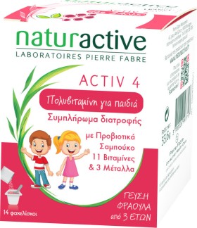 NATURACTIVE Activ 4 Πολυβιταμίνη για Παιδιά για την Ενίσχυση του Ανοσοποιητικού Συστήματος 3+ ετών Γεύση Φράουλα 14 Φακελίσκοι