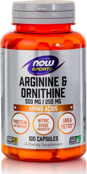 NOW FOODS Sports Arginine & Ornithine 500/250mg Συμπλήρωμα Διατροφής Για Παραγωγή Ενέργειας, 100 Κάψουλες