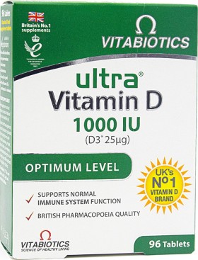 VITABIOTICS Ultra Vitamin D 1000 IU D3 25μg, Βιταμίνη D3 Για Την Καλή Υγεία Οστών, Μυών & Ανοσοποιητικού, 96 Ταμπλέτες