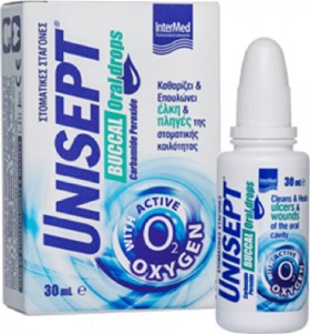INTERMED Unisept buccal drops Σταγόνες Στόματος για Καθαρισμό, Επούλωση & Ανακούφιση Ελκών & Πληγών 30ml