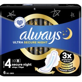 ALWAYS Ultra Secure Night 4 InstantDry Σερβιέτες Υψηλής Απορροφητικότητας Με Φτερά, 6τμχ