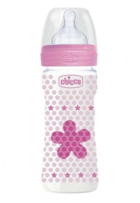 Chicco Πλαστικό Μπιμπερό Well Being Μέτριας Ροής, Θηλή Σιλικόνης, 2m+ Ροζ, 250ml