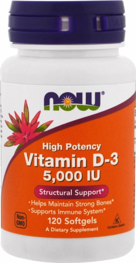 NOW FOODS Vitamin D3 5.000 IU Συμπλήρωμα Διατροφής Για Την Ενίσχυση Του Ανοσοποιητικού & Των Οστών, 120 Μαλακές Κάψουλες