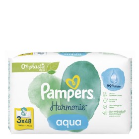 Pampers Μωρομάντηλα Harmonie Aqua Πακέτο Με 99% Νερό, Χωρίς Οινόπνευμα & Άρωμα, 3x48τμχ