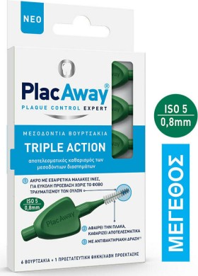 PLAC AWAY Triple Action Μεσοδόντια Βουρτσάκια 0.8mm ISO 5, Πράσινο, 6τεμ