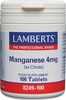 LAMBERTS Manganese 4mg (as citrate) Συμπλήρωμα Διατροφής Μαγγάνιου, 100 caps 8249-100