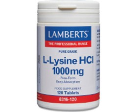 LAMBERTS L-Lysine 1000 mg, Συμπλήρωμα Διατροφής με Λυσίνη που Βοηθά στην Απορρόφηση του Ασβεστίου 120 tabs 8316-120