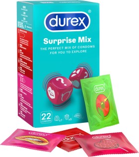 DUREX Προφυλακτικά Surprise Mix, Ποικιλία 22 Προφυλακτικών για Πολύχρωμη & Διασκεδαστική Αλλαγή 22τμχ