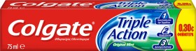 COLGATE Triple Action Original Mint Οδοντόκρεμα Προστασία από Τερηδόνα, Λεκέδες, Καταπολέμηση Δυσάρεστης Αναπνοή 75ml, Προσφορά -30%