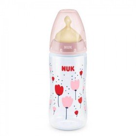 NUK Μπιμπερό Πλαστικό 0-6m First Choice Plus Με Θηλή Καουτσούκ & Δείκτη Ελέγχου Θερμοκρασίας Ροζ Με Τουλίπες (10.741.939), 300ml