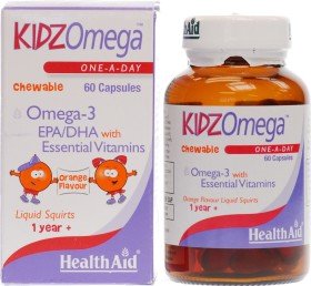 Health Aid Kidz Omega-3 EPA/DHA With Vitamin A, D, E Συμπλήρωμα Διατροφής Με Ω3 & Βιταμίνες Για Παιδιά 1+ Ετών Με Γεύση Πορτοκάλι, 60 Μασώμενες Κάψουλες