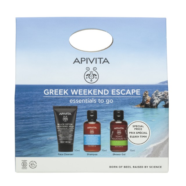 Apivita Greek Weekend Escape Πακέτο Black Detox Jelly 50ml & Hyaluronic Hydra Shampoo 75ml & Mountain Tea Shower Gel 75ml