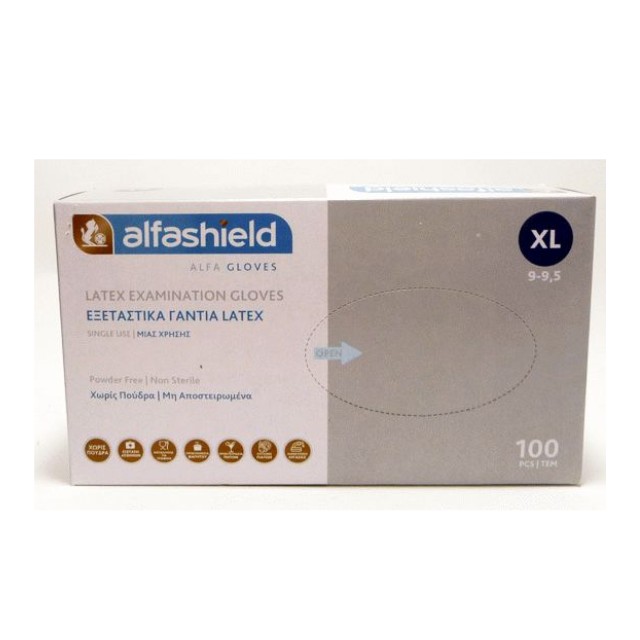 Alfashield Γάντια Εξεταστικά Latex Χωρίς Πούδρα XLarge 100τμχ