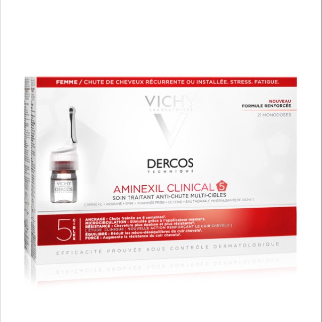 Vichy Dercos Aminexil Clinical 5, Αμπούλες Μαλλιών κατά της Τριχόπτωσης για Γυναίκες, 21amps x 6ml