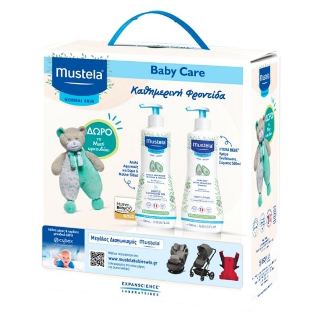 MUSTELA Baby Care Promo Αφροντούς Για Σώμα & Μαλλιά 500ml, Κρέμα Ενυδάτωσης Σώματος 500ml & Δώρο Musti Αρκουδάκι