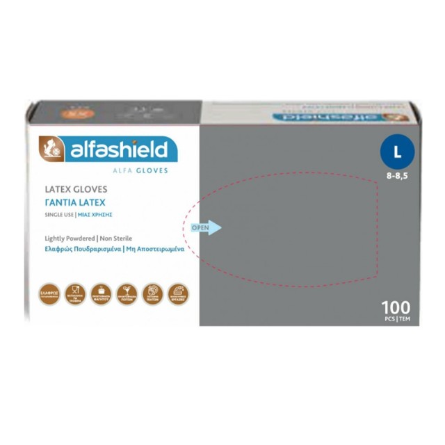 Alfashield Γάντια Latex Ελαφρώς Πουδραρισμένα Large Μη Αποστειρωμένα 100τμχ