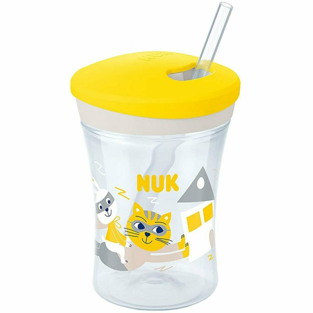 NUK Ποτήρι Πλαστικό 12+ Action Cup Με Καλαμάκι Κίτρινο Με Γάτες  (10.751.136), 230ml