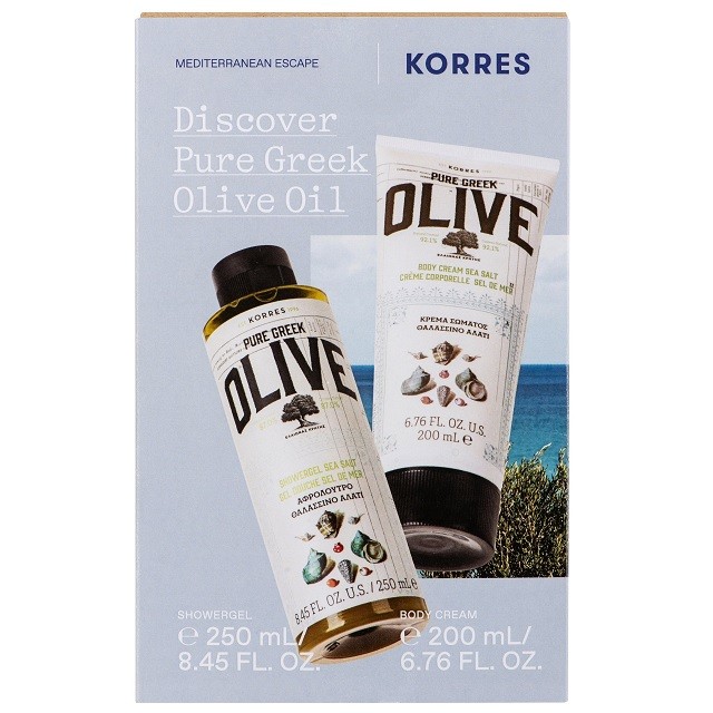 Korres Discover Pure Greek Olive Oil Πακέτο Shower Gel Αφρόλουτρο Θαλασσινό Αλάτι, 250ml & Body Cream Ενυδατικό Γαλάκτωμα Σώματος Θαλασσινό Αλάτι, 200ml