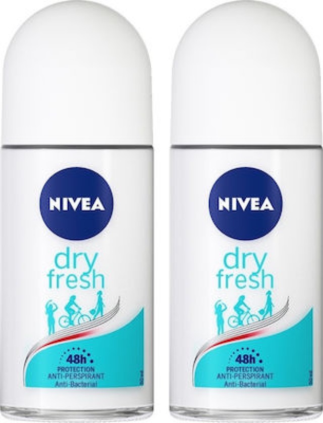 Nivea Αποσμητικό Roll-οn Γυναικείο Dry Fresh Deodorant Anti Persipirant 48ωρης Προστασίας 1+1 ΔΩΡΟ, 2x50ml