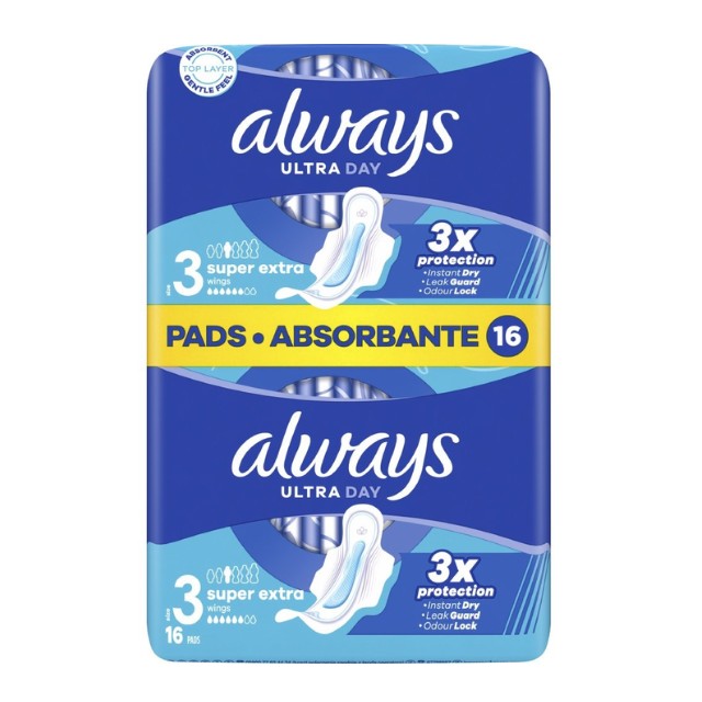 Always Ultra Day Super Extra Σερβιέτες με Φτερά Size 3 16τμχ
