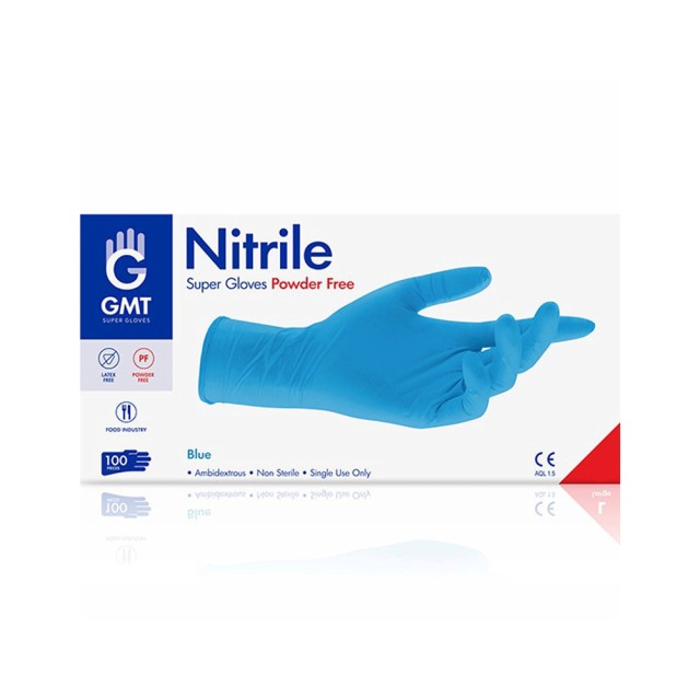 GMΤ Προστατευτκά Γάντια Νιτριλίου Μιας Χρήσης Nitrile Χωρίς Πούδρα Medium Μπλε, 100τμχ