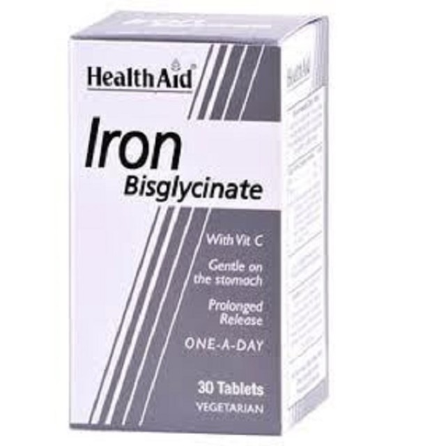 HEALTH AID Iron Bisglycinate 30mg, Συμπλήρωμα Διατροφής Σιδήδου με Βιταμίνη C Φιλικό προς το Στομάχι Βραδείας Αποδέσμευσης, 30 ταμπλέτες
