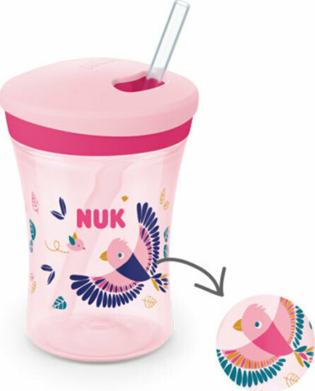 NUK Ποτηράκι Πλαστικό 12m+ Action Cup Με Καλαμάκι Σε Ροζ Χρώμα Με Πουλί (10.255.574), 230ml