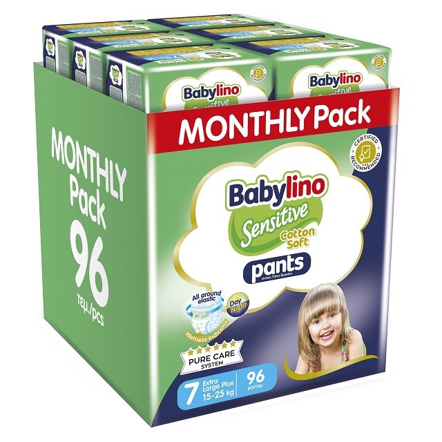 Babylino Sensitive Cotton Soft Monthly Box Unisex No.7 Extra Large Plus (15-25kg) Πάνα-Βρακάκι 96 Τεμάχια