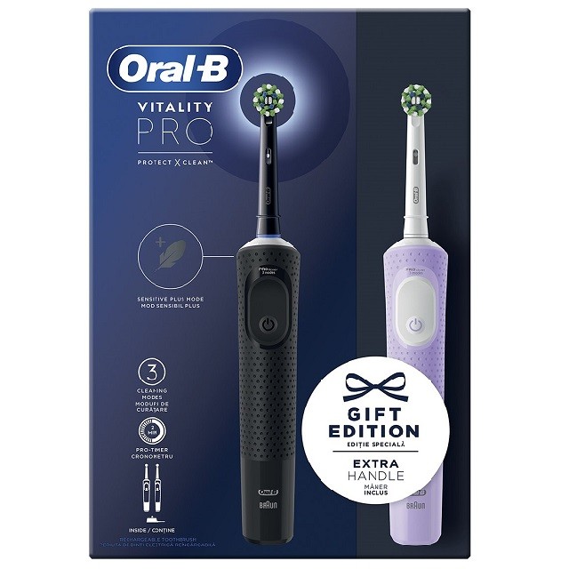 Oral-B Πακέτο Ηλεκτρικές Οδοντόβουρτσες Vitality Pro Duo Protect X Clean Black, 1τεμάχιο & ΔΩΡΟ Lilac Mist, 1 τεμάχιο