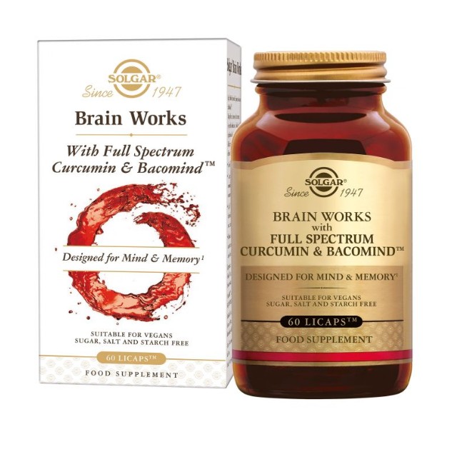 Solgar Brain Works With Full Spectrum Curcumin & Bacomind, Συμπλήρωμα Διατροφής, 60 Κάψουλες