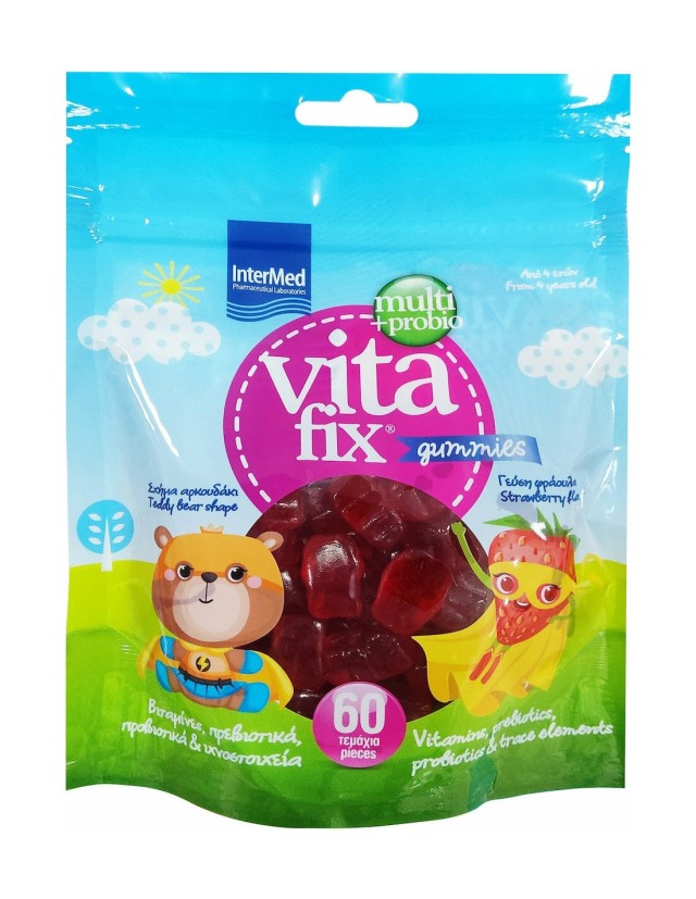 INTERMED Multi & Probio VitaFix Gummies Bear Strawberry Παιδικές Πολυβιταμίνες σε Ζελεδάκια με Σχήμα Αρκουδάκι και Γεύση Φράουλα, Βαζάκι με 60τεμ