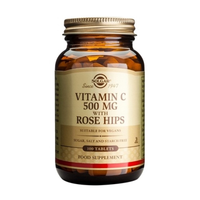 SOLGAR Vitamin C 500mg with Rose Hips Συμπλήρωμα Διατροφής Βιταμίνη C για Ενίσχυση του Ανοσοποιητικού & Αντιοξειδωτική Δράση, 100tabs