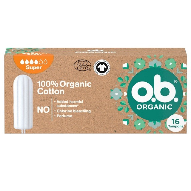 O.b. Organic 100% Cotton Tampon Super - Ταμπόν Με Οργανικό Βαμβάκι Για Αυξημένη Ροή, 16τμχ