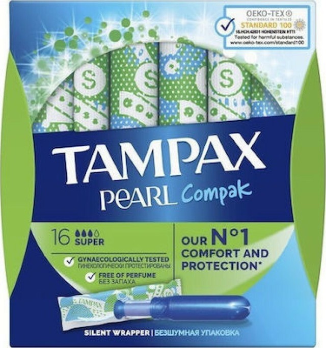 Tampax Compak Pearl Super, Ταμπόν Υψηλής Απορροφητικότητας για Αυξημένη Ροή, 16 τεμάχια
