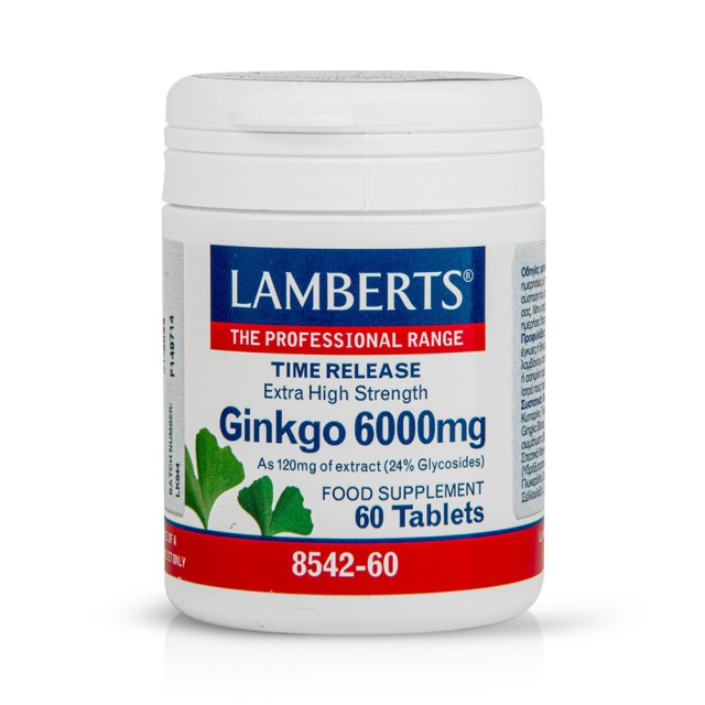 LAMBERTS Ginkgo 6000mg, Συμπλήρωμα Διατροφής για Καλή Μνήμη & Κυκλοφορία του Αίματος στα Άκρα, 60tabs 8542-60