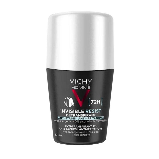 Vichy Homme Invisible Resist 72H Ανδρικό Αποσμητικό Roll-On Κατά Των Σημαδιών & Της Έντονης Εφίδρωσης, 50ml