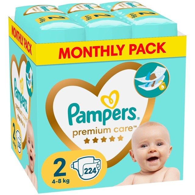 Pampers Premium Care Monthly Pack Νο2 Βρεφικές Πάνες Βρακάκι (4-8kg), 224 Τεμάχια