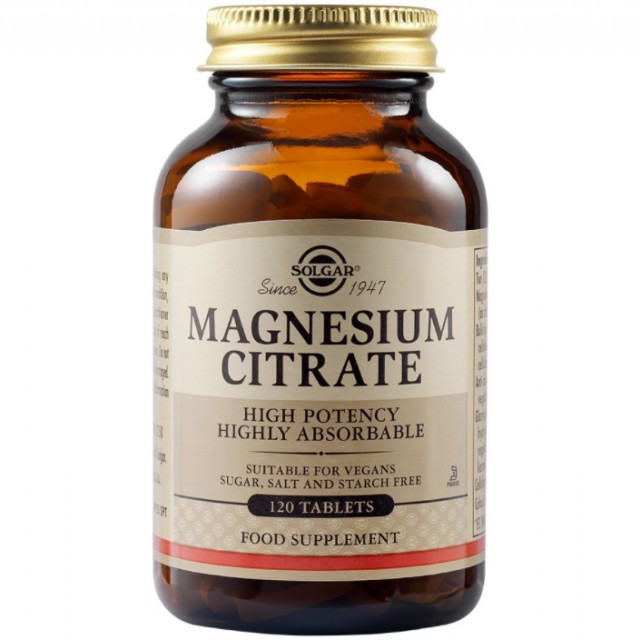Solgar Citrate Magnesium 200mg, Συμπλήρωμα με Κιτρικό Μαγνήσιο για την Καλή Λειτουργία των Μυών & του Νευρικού Συστήματος - Μειώνει τις Κράμπες, 120 ταμπλέτες