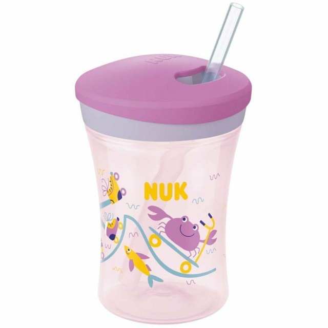 NUK Ποτήρι Πλαστικό 12+ Action Cup Με Καλαμάκι Ροζ Με Χταπόδι (10.751.136), 230ml