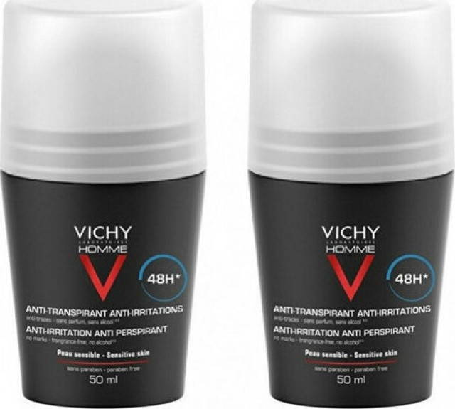 Vichy Deodorant Homme Promo Anti-irritation Anti Perspirant 48h Roll-On Ανδρικό Αποσμητικό για Ευαίσθητες Επιδερμίδες 2x50ml