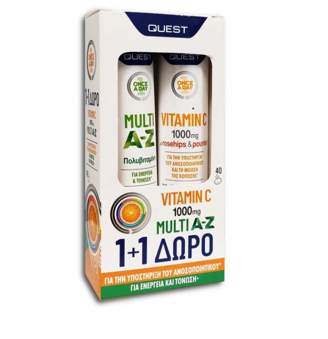 QUEST Promo Multi A-Z Πορτοκάλι 20 αναβράζοντα δισκία & Vitamin C 1000mg Πορτοκάλι 20 αναβράζοντα δισκία 1+1 Δώρο