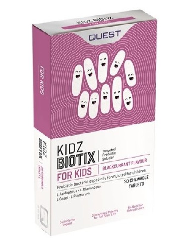 QUEST KidzBiotix Παιδικό Συμπλήρωμα Διατροφής για την Καλή Λειτουργία του Εντέρου, 30 μασώμενες ταμπλέτες