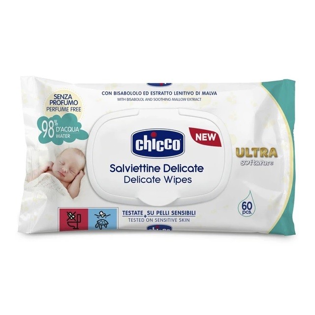 Chicco Delicate Ultra Soft & Pure Μωρομάντηλα Χωρίς Οινόπνευμα & Άρωμα, 60τμχ
