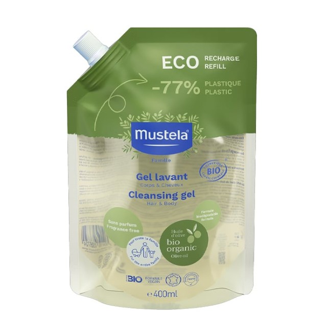 Mustela Bio Cleansing Gel Hair & Body Refill Βιολογικό Τζελ Καθαρισμού για Μαλλιά & Σώμα 400ml