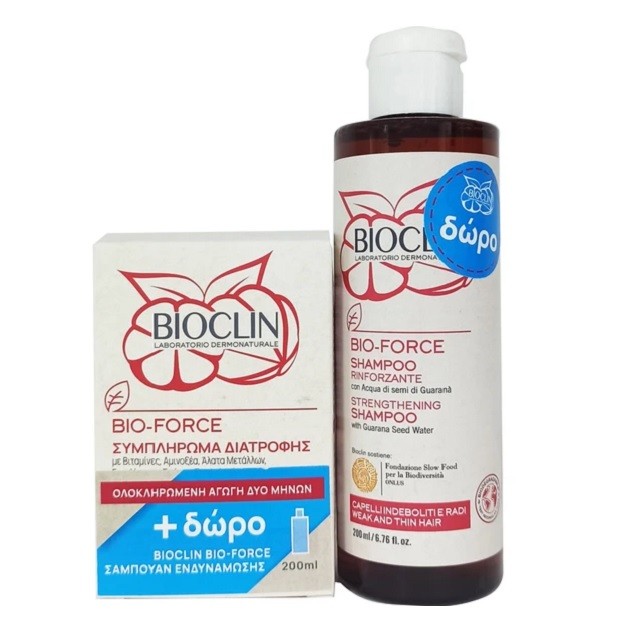 Bioclin Πακέτο Bio-Force Food Supplement For Hair Συμπλήρωμα Διατροφής Για Την Καλή Υγεία Των Μαλλιών, 60 Δισκία & ΔΩΡΟ Bio-Force Strengthening Shampoo Σαμπουάν Για Αδύναμα Μαλλία, 200ml