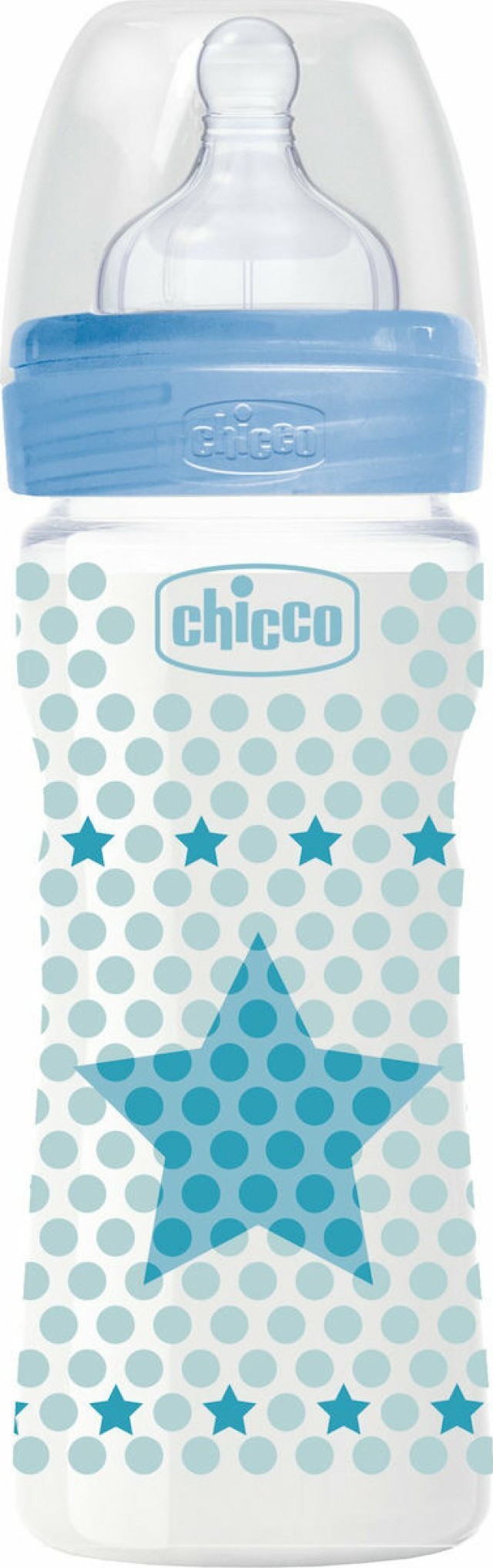 CHICCO Μπιμπερό Πλαστικό Well Being Mε Θηλή Σιλικόνης 2+m Κανονική Ροή Σε Χρώμα Μπλε, 250ml
