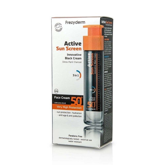 FREZYDERM Active Sun Screen Face Cream Spf50+ Ενεργή Αντηλιακή Κρέμα Προσώπου Πολύ Υψηλής Προστασίας Με Ειδική Μαύρη Χρώση, 50ml