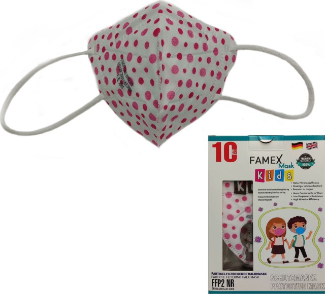 Famex KIDS Mask FFP2 NR Polka Dots, Πουά με Ροζ Βούλες Παιδική Μάσκα Μιας Χρήσης τύπου FFP2, 10τμχ