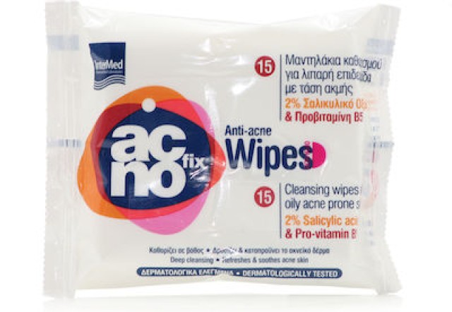 INTERMED Acno Fix Wipes Μαντηλάκια Καθαρισμού Για Λιπαρή Επιδερμίδα Με Τάση Ακμής, 15τμχ